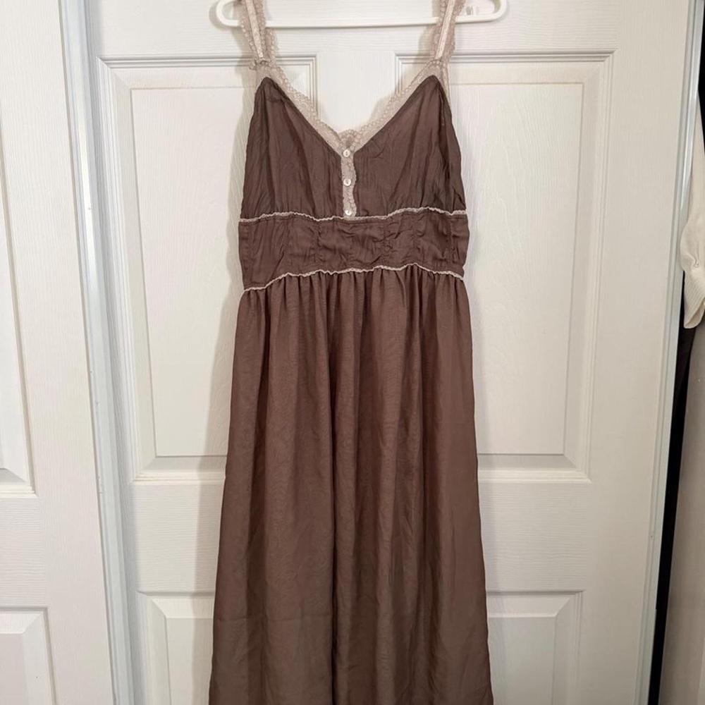 Brown Lace-Trim Maxi Dress with Button Front
